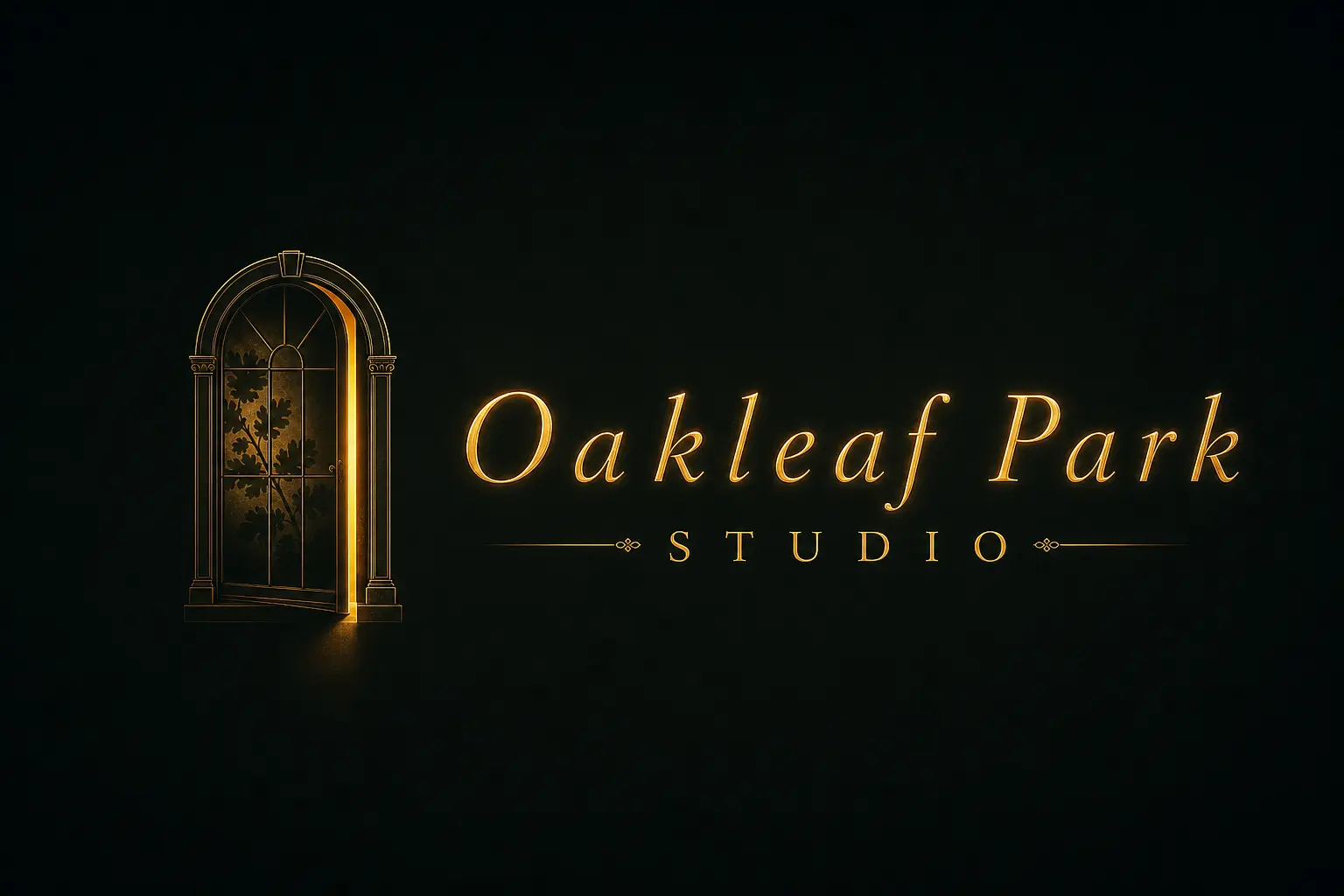 Oakleaf Park Studio logo: a lit archway beside the Oakleaf Park Studio wordmark in gold on black.