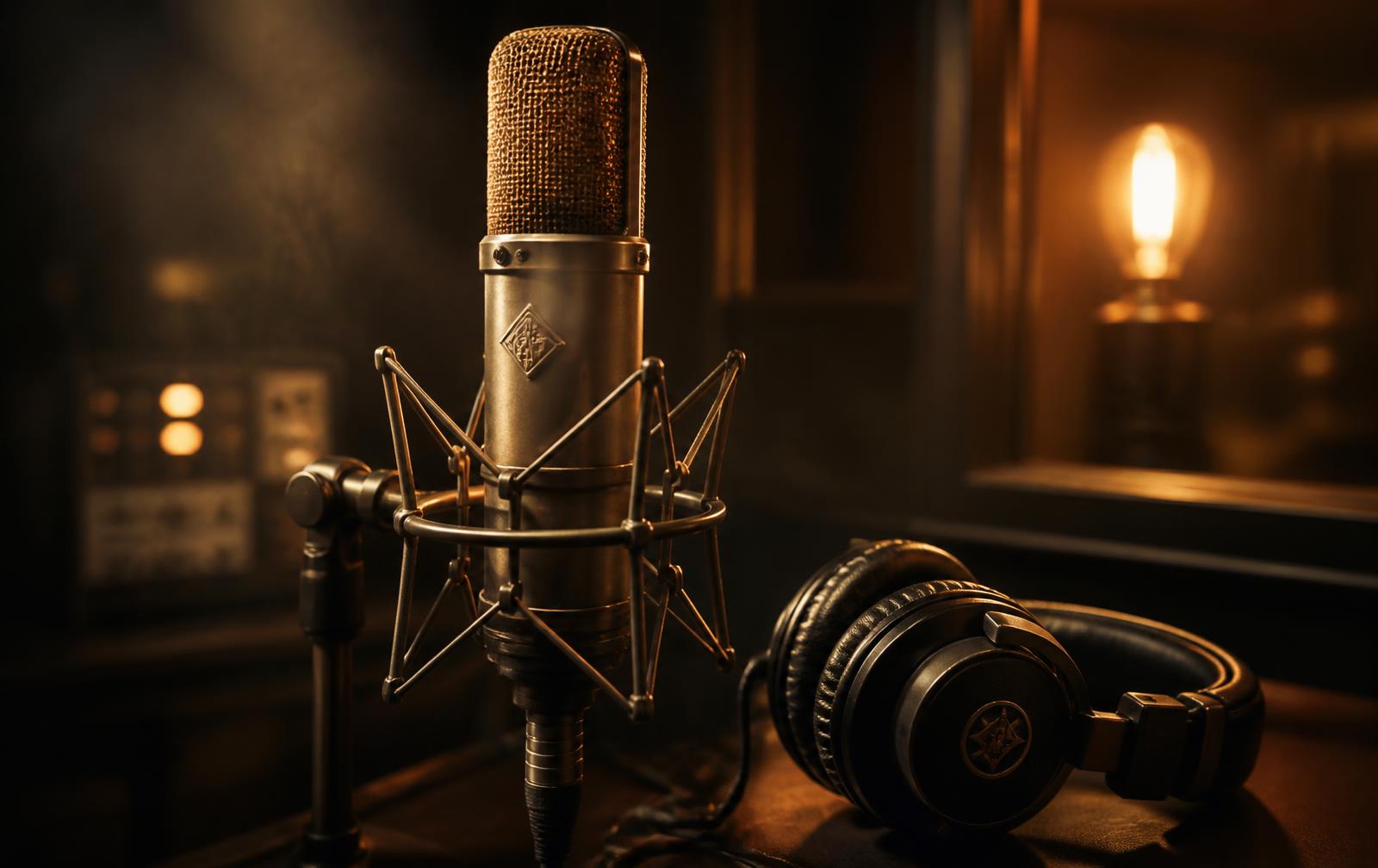 A studio microphone and headphones in a warmly lit recording room.