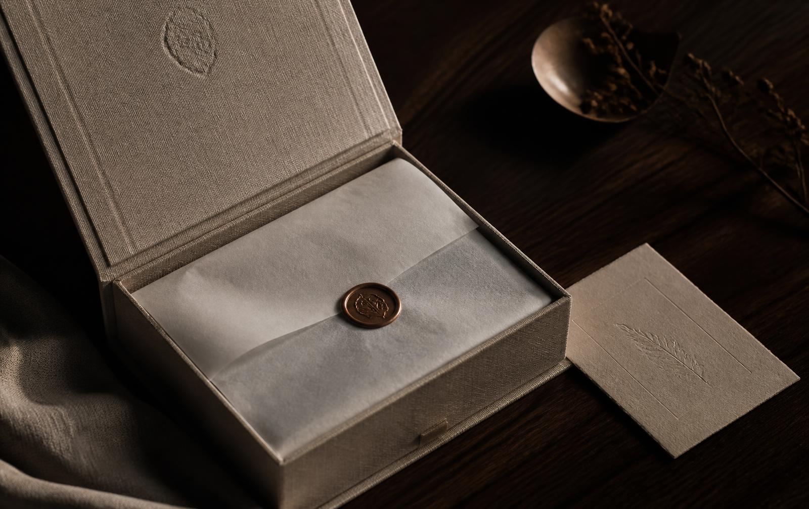 A linen clamshell box with tissue paper, a wax seal and an embossed card on a dark wood table.