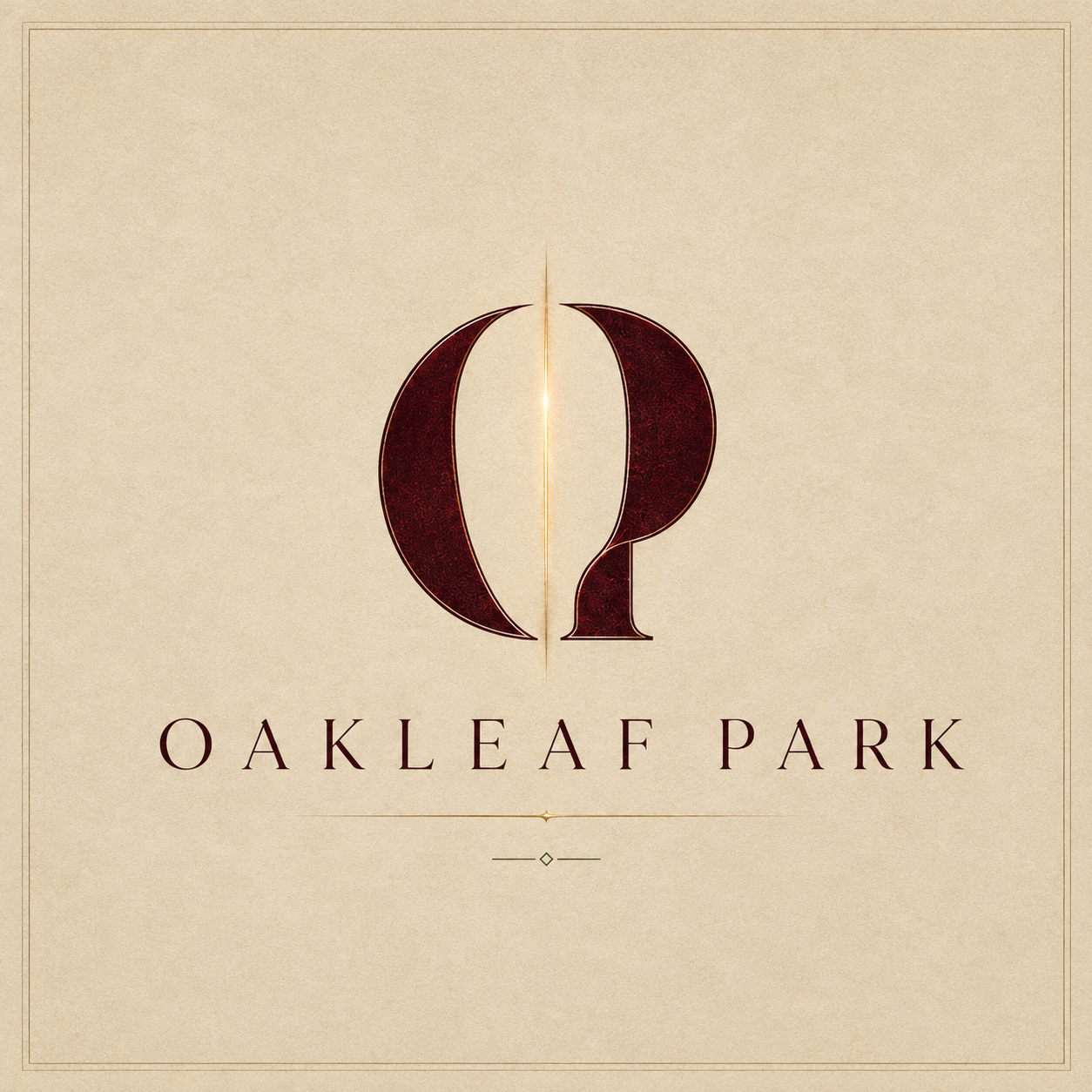 Oakleaf Park logo in the parchment treatment: the Aperture emblem in oxblood above the Oakleaf Park wordmark.
