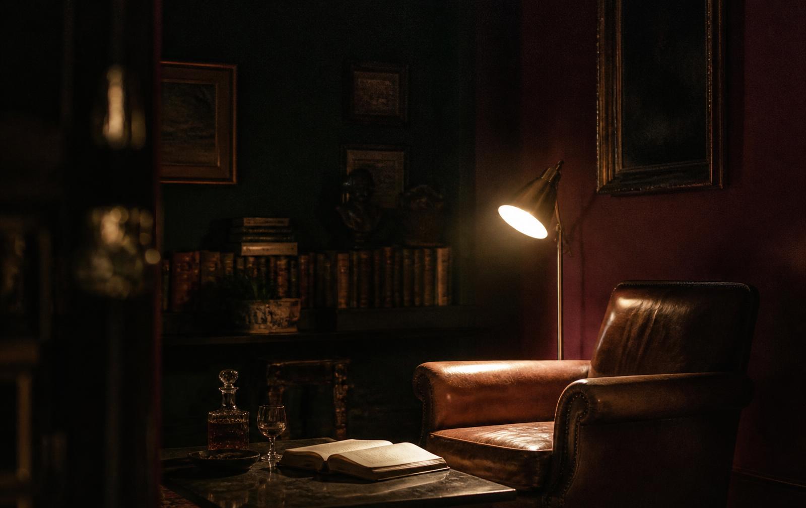 A private reading room at night: a single brass lamp lighting a leather armchair and an open book on a low table.