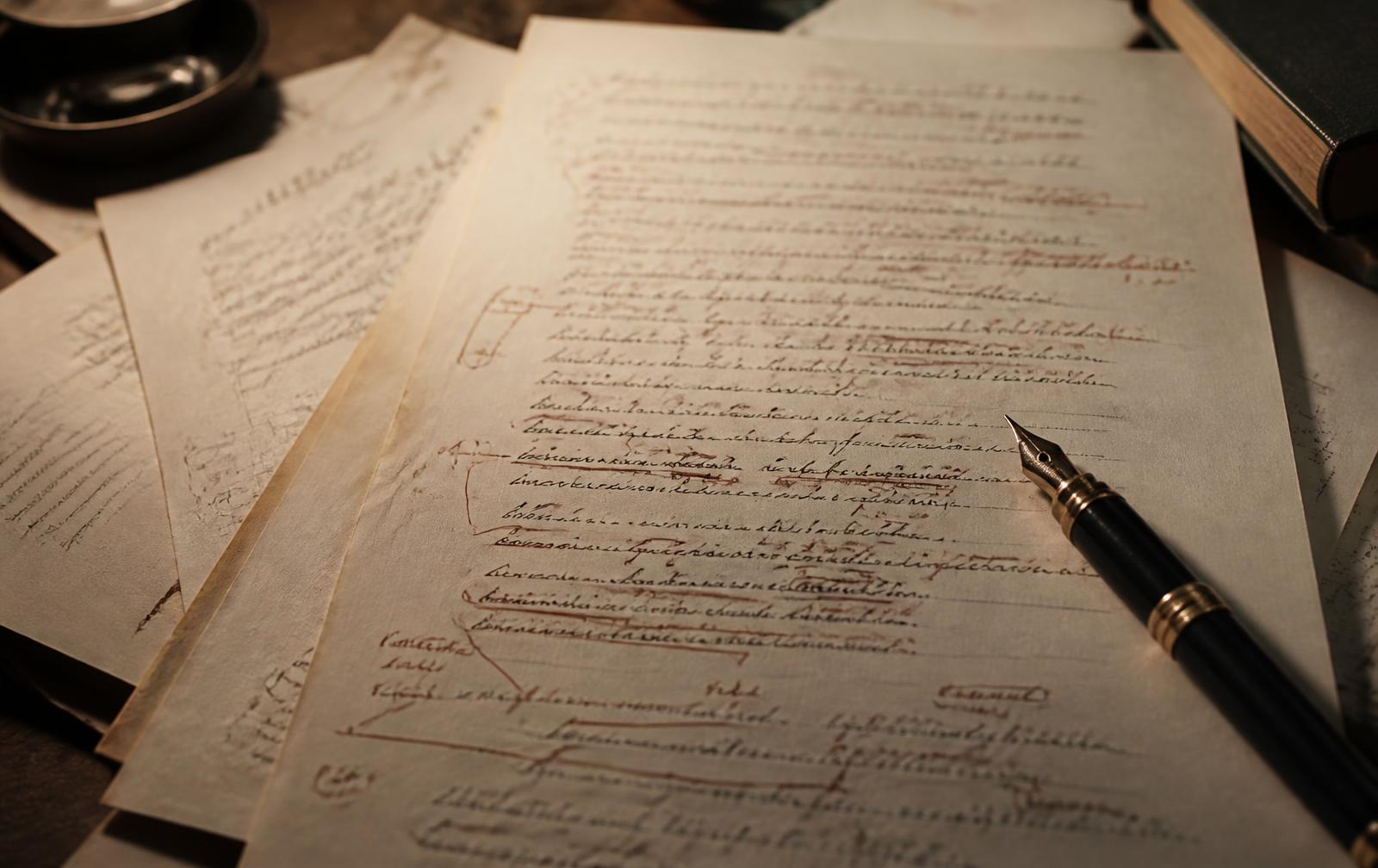 Annotated manuscript pages on cream paper with a fountain pen resting across them.