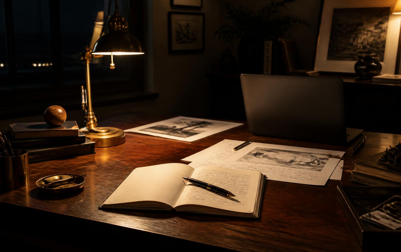 A walnut worktable at night with an open notebook, printed proofs, a brass lamp and a laptop turned away.