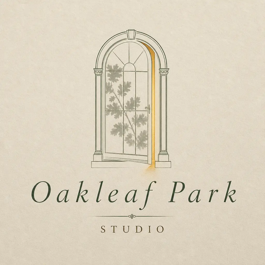 Oakleaf Park Studio logo in the parchment treatment: line-drawn archway above the Oakleaf Park Studio wordmark.