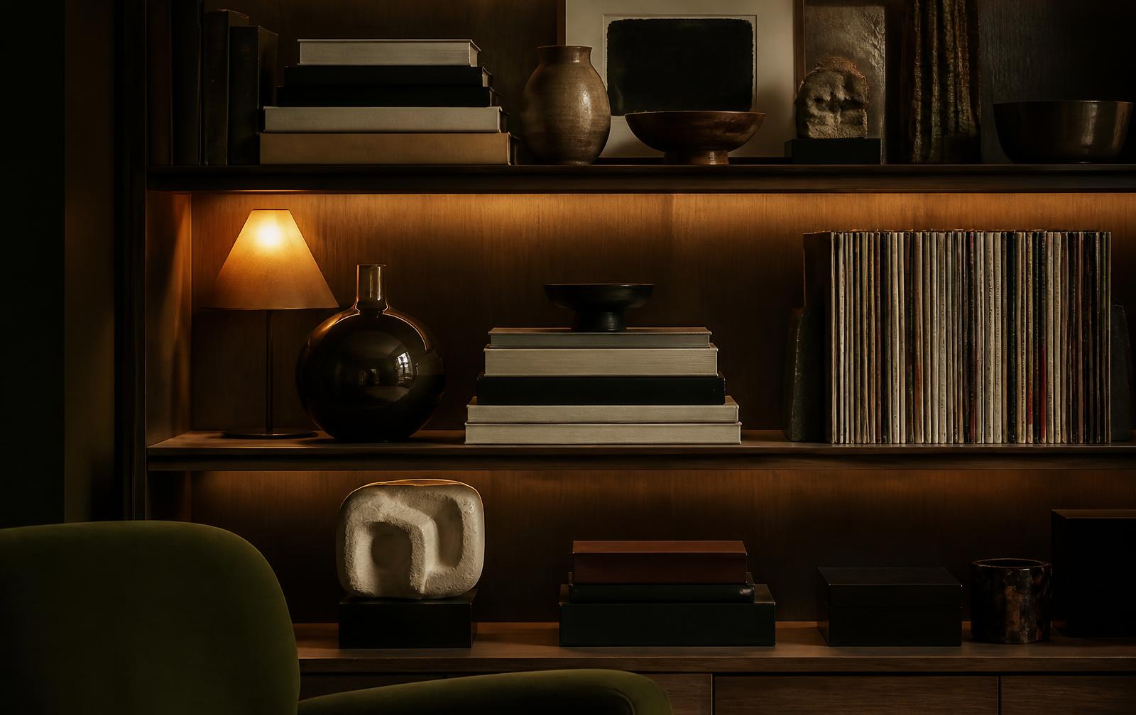 Curated shelves holding art books, a stack of records, ceramics and small cultural objects under warm light.
